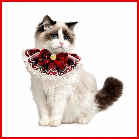 Style Britannique Bavoir pour Animal en Dentelle Carreaux Chien Chat Serviette Salive Joli Nœud Papillon Accessoires de Collier Décoratif pour Animal