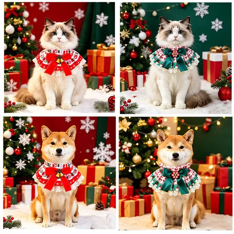 Christmas Pet Bib Lace Dog Scarf Collar Santa Claus Print Cat Bib Festive Holiday Apparel Accessories For Dogs Cats