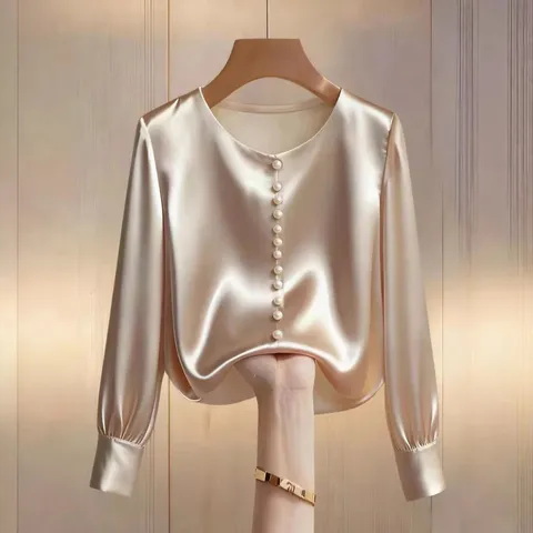 Camicetta in Satoe a Manica Lunga Casual da Donna Tinta Unita Girocollo Bottoni di Perle Top Elegante