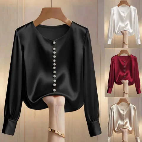 Camicetta in Satoe a Manica Lunga Casual da Donna Tinta Unita Girocollo Bottoni di Perle Top Elegante