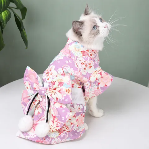 Japanese Style Pet Cat Dog Kimono Dress Winter Warm Hanfu Skirt Cute Bowknot Pet Apparel For Small Dogs Cats Daily Wear