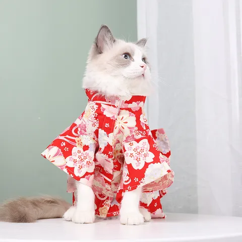 Stile Giapponese Animale Domestico Gatto Cane Kimono Vestito Inverno Caldo Hanfu Gonna Carino Fiocco Abbigliamento per Animali Piccoli Cani Gatti Uso Quotidiano