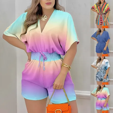 Mujer Casual Manga Corta Cuello en V Cordón Degradado Estampado Peto Verano Moda Suelto Romper Streetwear