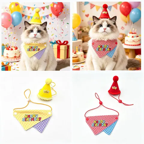 Mignon Chien Chat Anniversaire Bandana Et Chapeau Couronne Ensemble Écossais Fête Écharpe Bavoir Décoration Festive