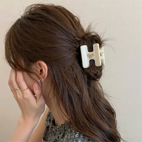 Korean Style H-Shaped PC Alloy Bow Knot Hair Claw Clip Simple Back Head Half Tie Shark Clip Medium Hair Accessory