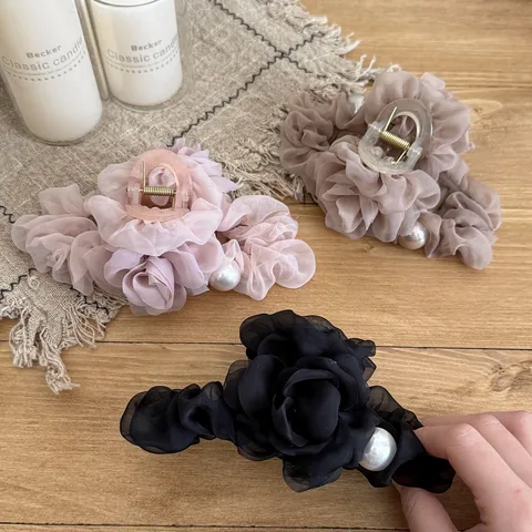 Eleganter Netzstoff Blume Haarkralle Clip Für Damen Koreanischer Stil Große Shark Jaw Clip Künstliche Perle Haarschmuck