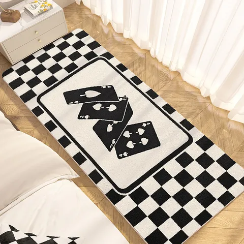 Μινιμαλιστικό Ασπρόμαυρο Χαλί Καρέ Πόκερ Αντιολισθητικό Απομίμηση Κασμίρ Σαλόνι Υπνοδωμάτιο Χαλί Κομοδίνου