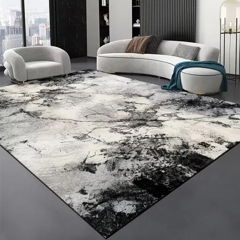 Tapis en Velours Cristal Style Encre Noir et Blanc Abstrait Moderne Salon Canapé Table Basse Tapis de Sol