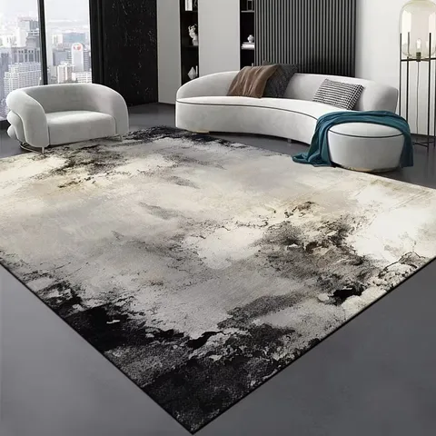 Tapis en Velours Cristal Style Encre Noir et Blanc Abstrait Moderne Salon Canapé Table Basse Tapis de Sol