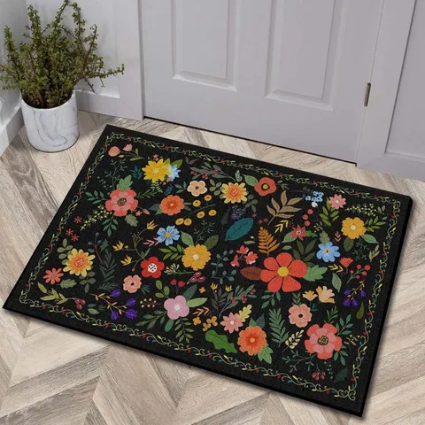 Floral Print Non-Slip Area Rug Faux Cashmere Floor Mat Washable Soft Carpet For Living Room Bedroom Bathroom Home Decor