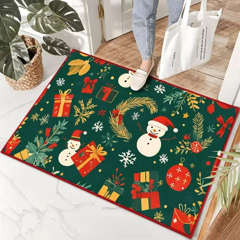 Christmas Doormat Festive Santa Claus Gnomes Pattern Non-Slip Crystal Velvet Floor Mat For Home Hallway Holiday Decor