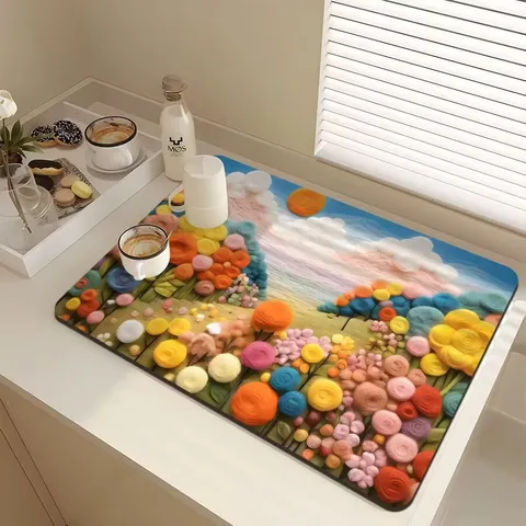 Naked Eye 3D Floral Draining Mat Kitchen Countertop Absorbent Mat Tableware Dish Wash Free Dining Table Mat