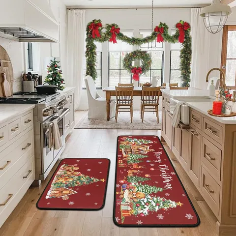 Festive Holiday Kitchen Floor Mat Set Non-Slip Absorbent Polyester Decorative Mat For Home Kitchen Decor