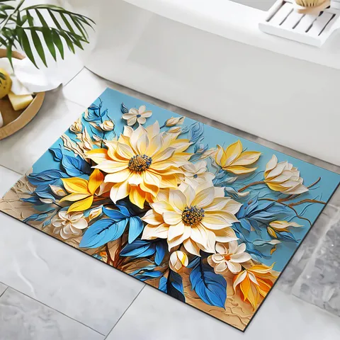 Tappeto per Area Floreale 3D Tappetino Antiscivolo Assorbente Motivo Floreale Moderno Minimalista per Bagno Soggiorno Arredamento