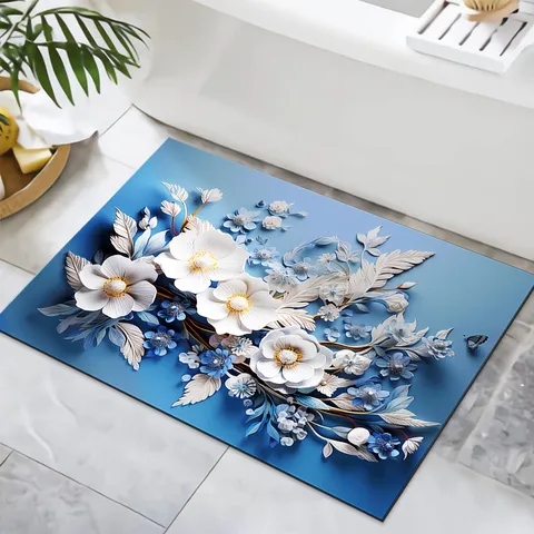 Tappeto per Area Floreale 3D Tappetino Antiscivolo Assorbente Motivo Floreale Moderno Minimalista per Bagno Soggiorno Arredamento