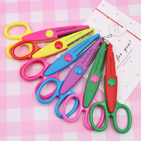 Children DIY Lace Craft Scissors Plastic Handle Metal Blade Wave Serrated Edge Craft Scissors For Clay Handcraft School Supplies