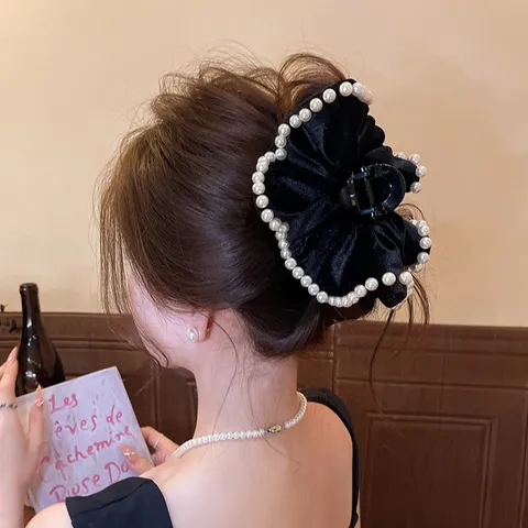 Französische Vintage Samt Künstliche Perle Haarklammer Damen Schwarz Große Haargreifer Elegant Retro Haarschmuck