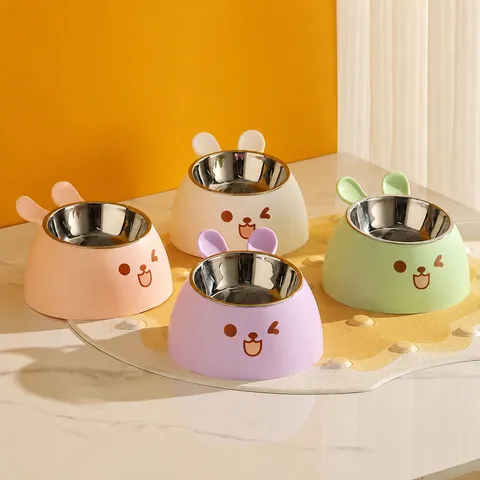 Cute Rabbit Ear Pet Bowl High Neck Pet Feeding And Watering Bowl Stainless Steel Cat Dog Food Bowl Pet Tableware