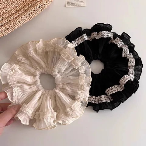 French Style Lace Edge Scrunchies For Women Ruffled Fabric Hair Ties Elastic Ponytail Holders Office Daily Hair Accessories