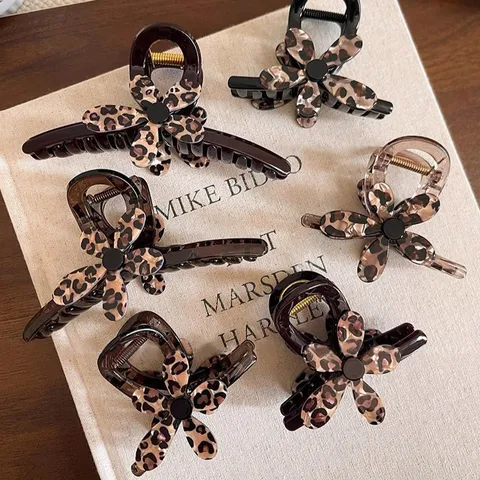 Molla per Capelli a Fiore con Stampa Leopardata in Acetato Elegante Fermaglio per Coda Alta Molletta Floreale Copricapo alla Moda da Donna