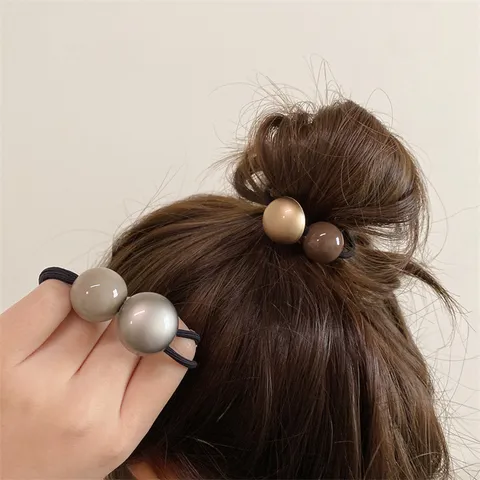 Minimalist Retro Double Ball Hair Tie High Elasticity Rubber Band Ponytail Bun Holder Hair Accessories For Women Champagne Gray Beads