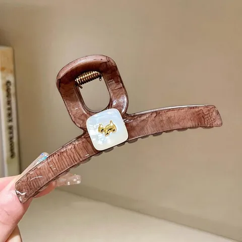 Large Hair Claw Clip For Women Polycarbonate Tortoise Shell Marble Pattern Gold Dog Metal Label Shark Clip Fashion Hair Accessories