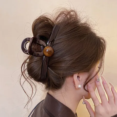 Molla per Capelli Grande Marrone Cioccolato Moda per Donna Pinza a Squalo in Resina con Perla Artificiale Accessori per Capelli