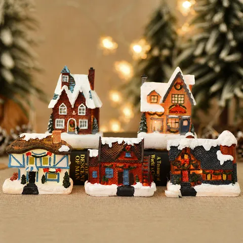 Christmas Glowing Resin Village House Miniature Snow View House LED Light Up Cabin Festive Desktop Micro Landscape Ornament Home Decor