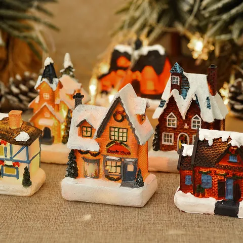 Christmas Glowing Resin Village House Miniature Snow View House LED Light Up Cabin Festive Desktop Micro Landscape Ornament Home Decor