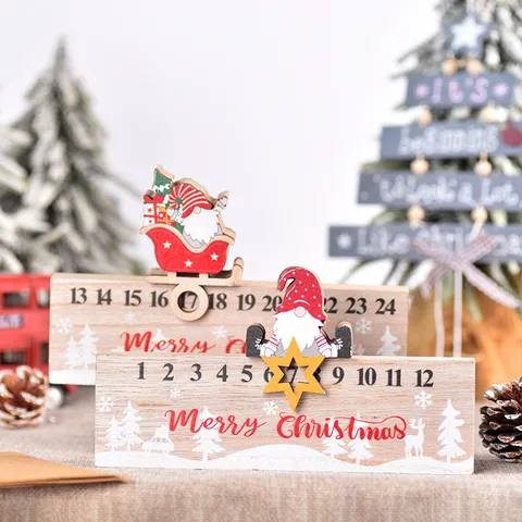 Calendrier de l Avent en Bois de Noel Gnome Dessin Anime Bloc de Compte a Rebours Reutilisable Decoration de Table Fete