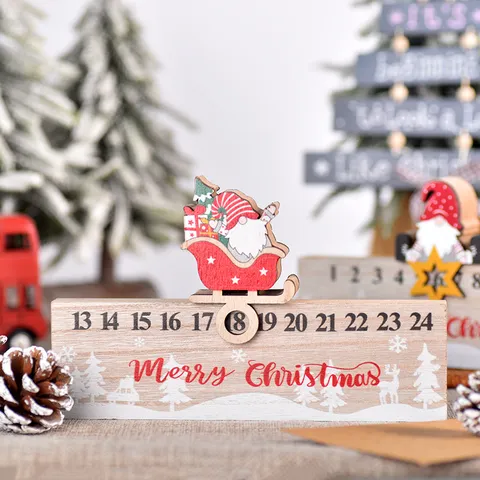 Calendrier de l Avent en Bois de Noel Gnome Dessin Anime Bloc de Compte a Rebours Reutilisable Decoration de Table Fete