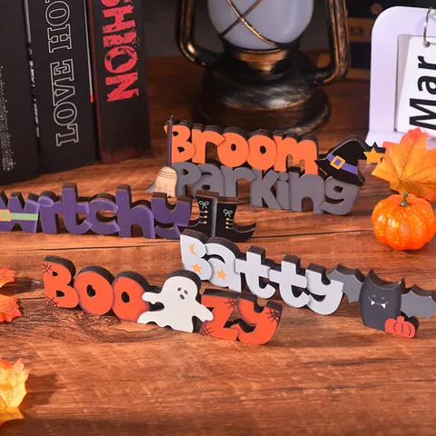 Halloween Wooden Letter Sign Tiered Tray Decor Cartoon Ghost Bat Witch Hat Table Ornament Festival Party Layout Prop