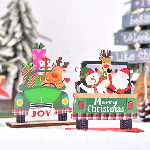 Ornamenti Natalizi in Legno Dipinto Babbo Natale Assemblati Pupazzo di Neve Renna Auto Aereo Decorazione da Tavolo e Vetrina