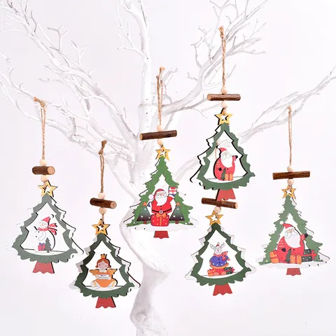 Wooden Christmas Tree Frame Hollow Pendant Creative Cartoon Santa Claus Snowman Angel Elk Reindeer Hanging Holiday Ornaments Home Party Tree Decor