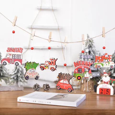 Adornos Colgantes de Madera de Coche de Navidad con Papá Noel y Renos para la Decoración del Árbol de Navidad
