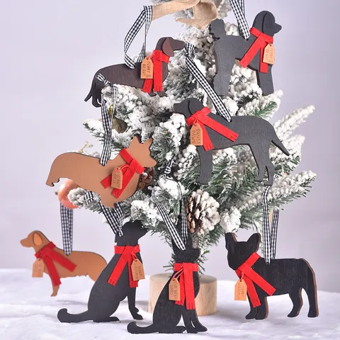 Weihnachten Hund Ornament Holz Hängende Dekoration mit Rotem Schal und Karo-Band für Weihnachtsbaum Deko Party Geschenk