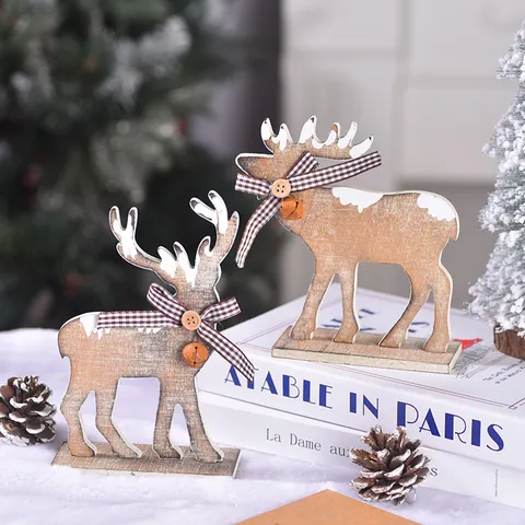 Weihnachten Holz Rentier Elch Ornamente Tischdeko Rentier Figuren Mit Karierter Schleife Glocke Für Zuhause Festival Deko