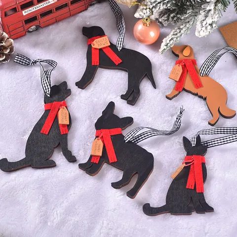 Weihnachten Hund Ornament Holz Hängende Dekoration mit Rotem Schal und Karo-Band für Weihnachtsbaum Deko Party Geschenk