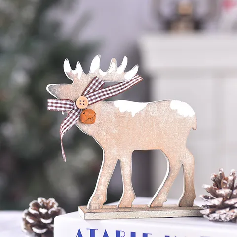 Weihnachten Holz Rentier Elch Ornamente Tischdeko Rentier Figuren Mit Karierter Schleife Glocke Für Zuhause Festival Deko