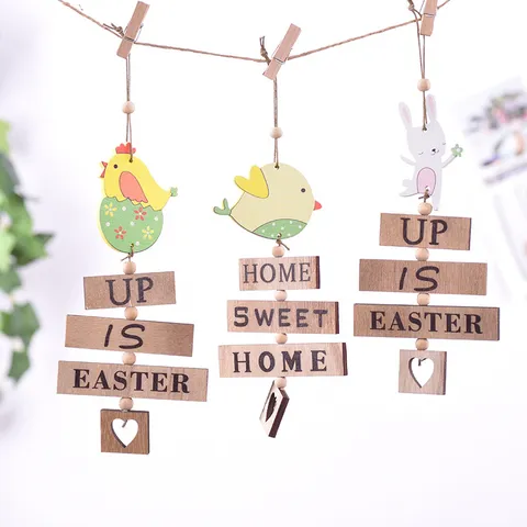 Decoración Colgante de Madera de Pascua Patrón Conejo Pollito Pájaro Huevo de Pascua Ornamento Hogar Fiesta Estacional