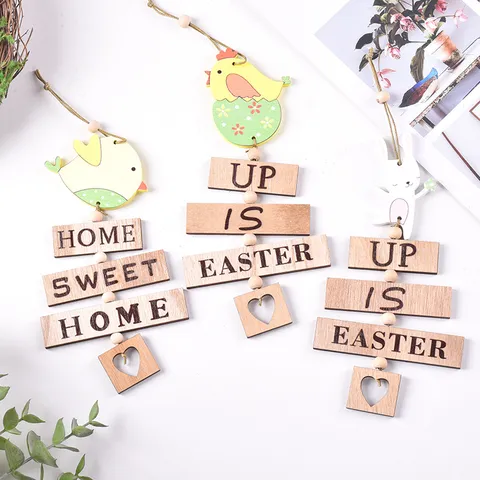 Decoración Colgante de Madera de Pascua Patrón Conejo Pollito Pájaro Huevo de Pascua Ornamento Hogar Fiesta Estacional