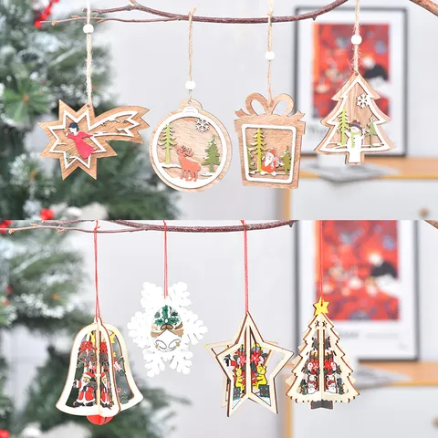 Weihnachtsanhänger aus Holz 3D Hohl Ausgeschnittene Dekorationen Weihnachtsmann Schneemann Rentier Engel Stern Glocke Schneeflocke Ornamente Für Haus Party