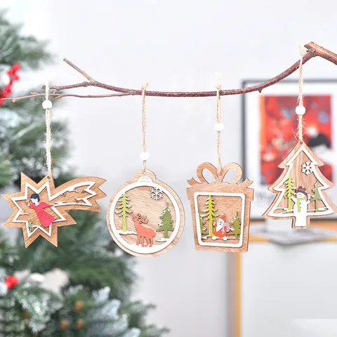Weihnachtsanhänger aus Holz 3D Hohl Ausgeschnittene Dekorationen Weihnachtsmann Schneemann Rentier Engel Stern Glocke Schneeflocke Ornamente Für Haus Party