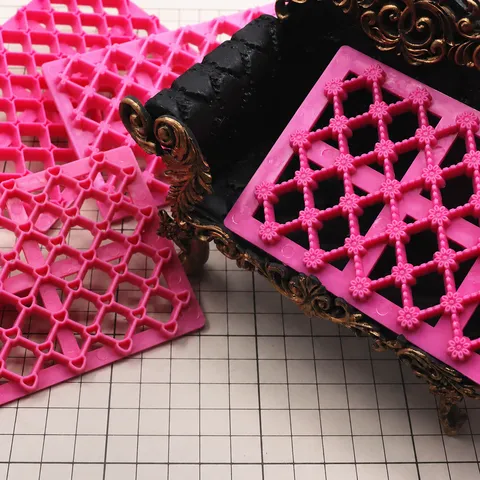 Pink Plastic Plaid Grid Clay Mold DIY Baking Fondant Embossing Mold Heart Bowknot Flower Craft Tool