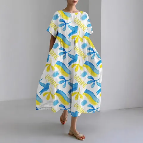 Women Casual Loose Short Sleeve Polyester Maxi Dress 3D Digital Printed Floral Sunflower Boho Long Dresses