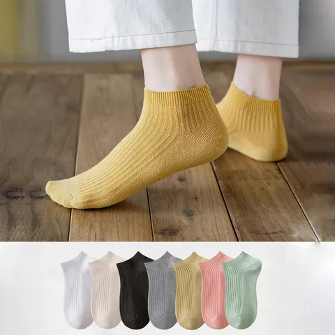Women Pure Cotton Short Socks Summer Thin Breathable Deodorizing Solid Color Ribbed Ankle Boat Socks Female Footwear