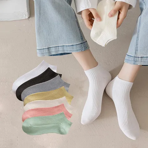 Women Pure Cotton Short Socks Summer Thin Breathable Deodorizing Solid Color Ribbed Ankle Boat Socks Female Footwear