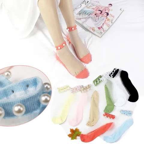 Women Summer Transparent Glass Silk Crystal Short Socks Cute Pearl Lace Trim Casual Breathable Ankle Socks One Size