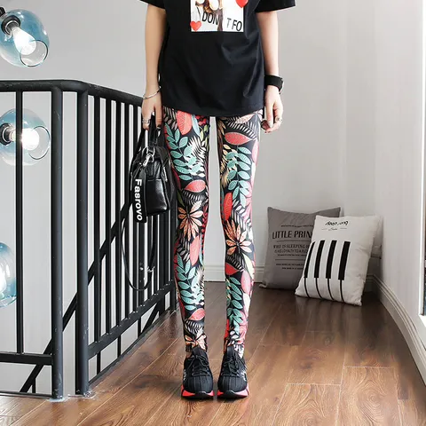 Women Tropical Rainforest Printed Leggings Graffiti Pattern Elastic Slim Fit Ankle Length Leggings Casual Streetwear Pants