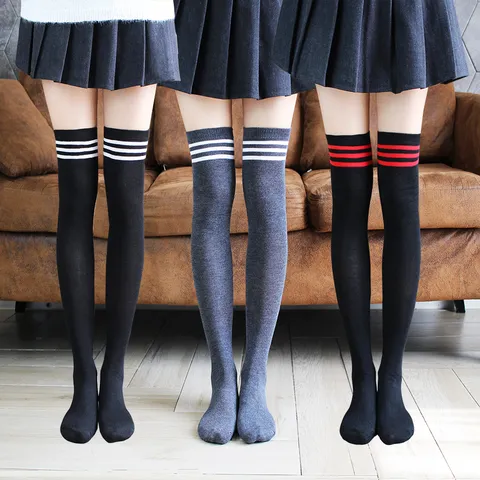 Japanese Style JK Three Stripes Knit Cotton Over The Knee High Tube Socks Women Casual Sports Long Stockings